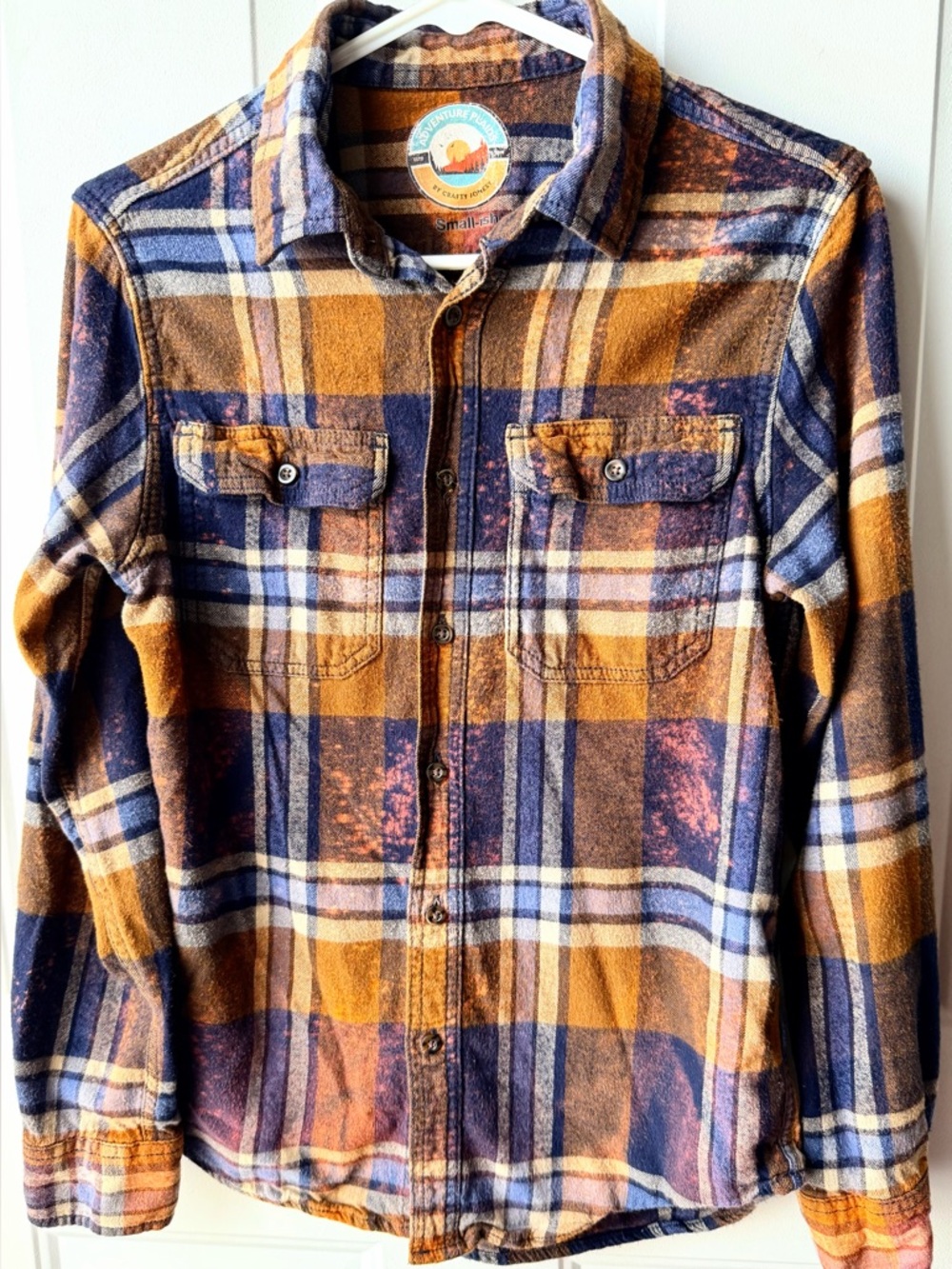 Adventure Plaid Flannel Shirt Small Orange Blue Distressed Bleach Wash